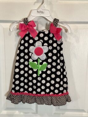 Youngland Black White Polka Dot Dress with Pink Bows and Green Flower